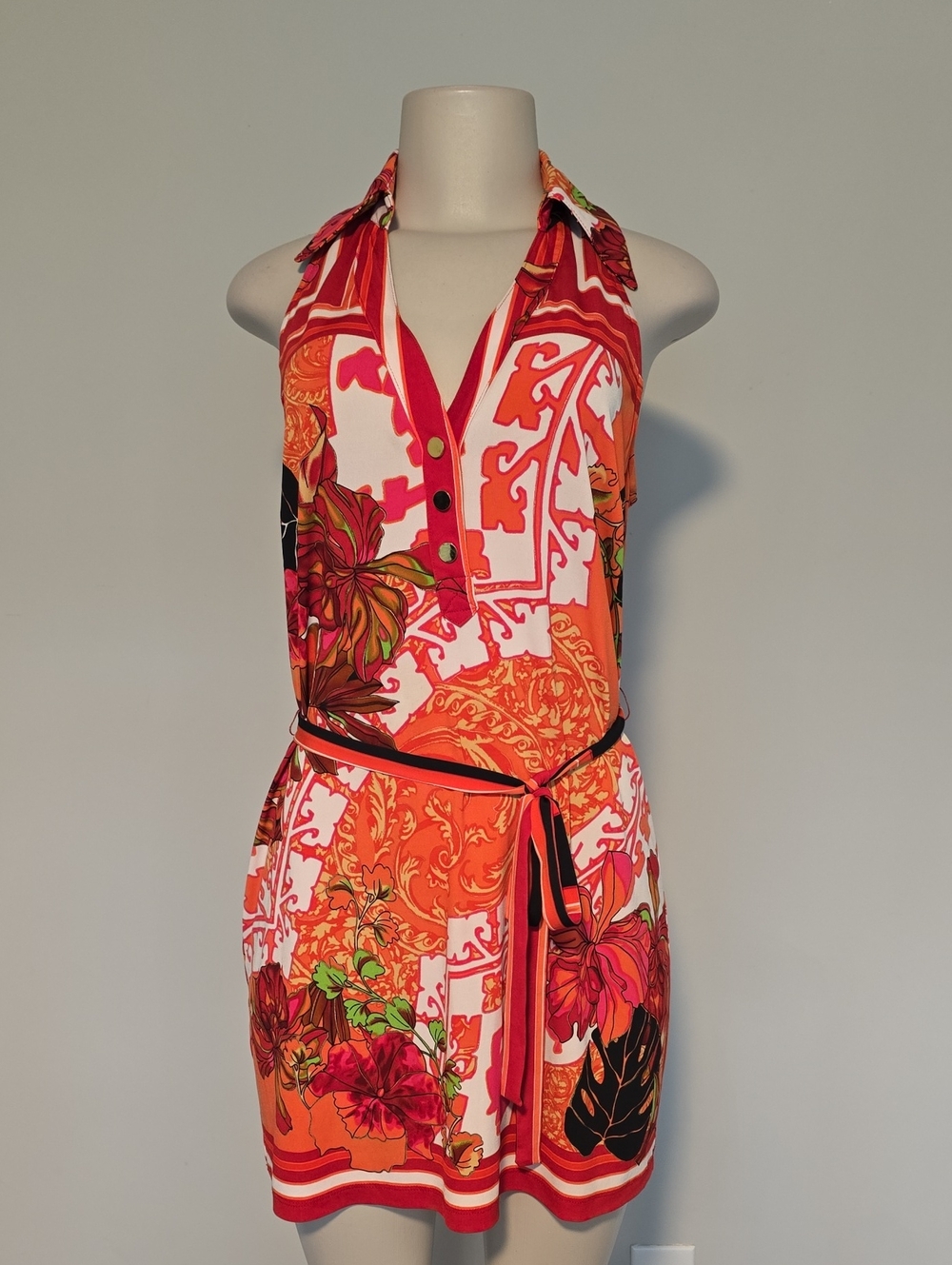 Cache pink/red fancy floral print sleeveless collared belted dress-M